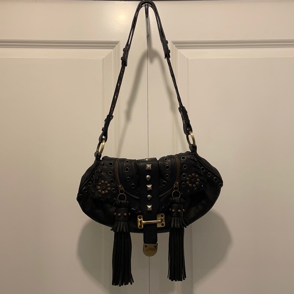 Barbara Bui Black Leather Studded Bag with Long Tassels